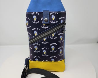 Handmade Blue & Yellow NSFW Don't be a Salty B Crossbody Travel Sling Pouch - Plus Size Friendly