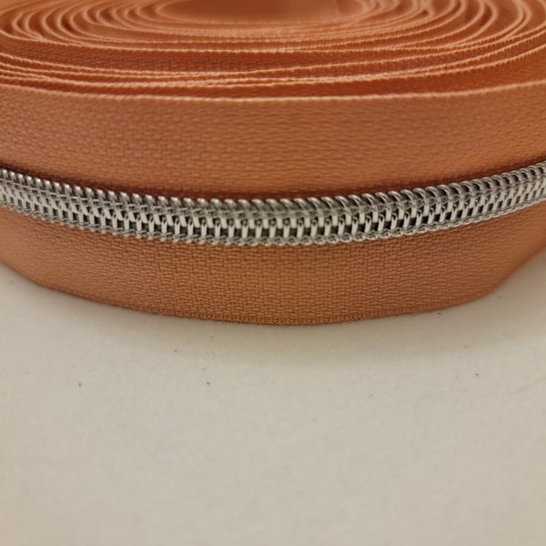 Dusty Orange / Peach #5 Nylon Zipper Tape by the Yard Silver Teeth