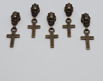 New Set of Antique Brass #5 Nylon Religious Jesus Cross Zipper Pulls Zipper Slider Bag Making Hardware