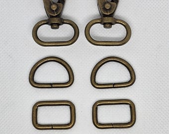 New .75" / 19mm / 3/4" Antique Brass Bag Making Hardware Kit Includes Lobster Clasps, D Rings, Rectangle Rings & Tri Glide Strap Adjuster