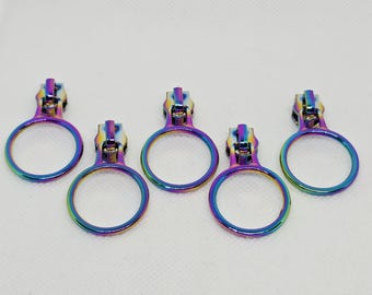New Set of 5 Iridescent Rainbow **REVERSE MOUNT** Top Loading Colored #5 Nylon Large Finger Ring Round Circular Zipper Pulls Zipper Slider