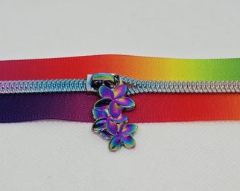 New QTY 5 Shiny Iridescent Rainbow #5 Nylon Floral Frangipani Plumeria Tropical Hawaiian Flower Cluster Zipper Pulls Zipper Slider