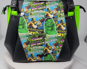 New Handmade Black and Neon Green Horror Pinup Style Vinyl Hand Crafted Samaren Zipper Closure Handbag