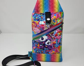 May include: A rainbow-colored crossbody bag with a black strap. The bag features a colorful print with pandas, hearts, and the words "Be You" and "Bug."
