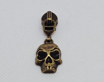 New Set of 3 Antique Brass Colored Horror Skull #5 Nylon Zipper Pulls Zipper Slider Bag Making Hardware RTS Stateside