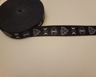 1" Black Wiccan Moon Goddess Tree of Life Celtic Knot Nylon Webbing Strap By The Yard