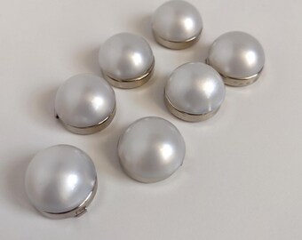 Vintage Round Button Covers in Silvertone with Plastic Faux Pearl Cabochon Stone, Retro 90s Dress Shirt Accessory, Set of 7