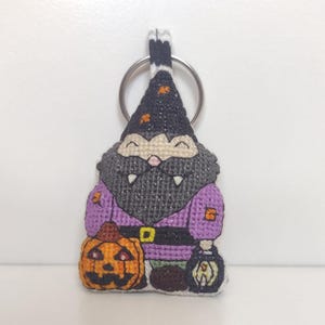 Double-sided Halloween Keychain: Handmade Vampire Gnome in Patchwork Shirt & Hat with Glow In The Dark Details | Gift for Gnome Lover
