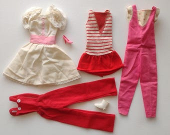 1980s Genuine Barbie Fashion Fun Lot: Pink Jumpsuit, Striped Dress, White Dress, Overalls