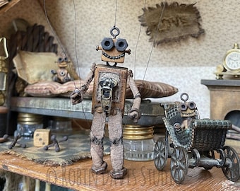 Karta kukiełki retro robota: kolekcjonerska figurka domku dla lalek steampunk