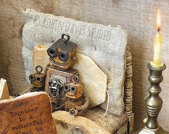 Karta artystyczna rodziny robotów: Przytulanki na dobranoc w stylu vintage z domkiem dla lalek