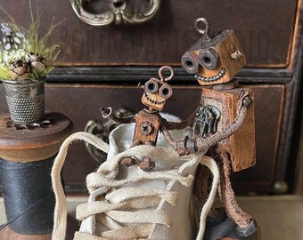 Pocztówka z robotem dla mamy i dziecka, fantazyjna karta w stylu steampunk