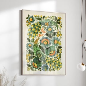 Arte popular ucraniano digital para descargar e imprimir - Decoración nacional ucraniana para el hogar - Decoración botánica rústica con pavo real colorido - Postal floral