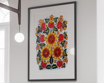 Sunflower and Guelder Rose Set Ukraine Folk Art - Traditional Ukrainian Art Poster - Floral Room Decor - Bright Botanical Printable Art Gift