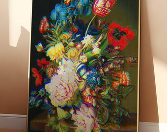 May include: A framed print of a still life painting depicting a colourful bouquet of flowers in a vase. The flowers are arranged in a symmetrical pattern and include red, yellow, blue, and white blooms. The background is a dark green.