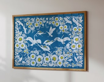Sunflowers and Herons Ukraine Folk Wall Art - White Dance Vintage Digital Download - National Ukrainian Decorative  Printable Home Decor