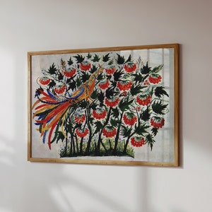 ガマズミの鳥 ウクライナ ウォールアート デジタルダウンロード - フォークアートプリント絵画 - 夏の花柄ヴィンテージホームデコレーション - ウクライナアーティストレトロアート