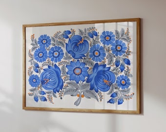 Blue Flowers Ukraine Folk Wall Art - Vintage Hand-drawn Painting Digital Download - National Ukrainian Floral Printable Art Decor Gift Print