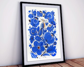 Blue Bird and Blue Flowers Ukraine Folk Wall Art - Colorful Vintage Painting Digital Download - National Ukrainian Botanical Printable Art