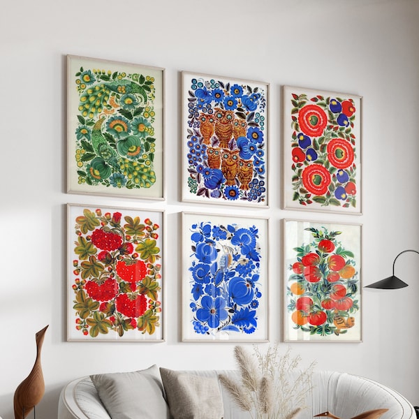 Set von 6 Drucken Ukrainische Volkskunst - Ukraine Künstler Kunst - Traditionelle Ukrainische Kunst - 6-teilige Wand Kunst Poster - Blumen Rustik Raum Dekor Geschenk