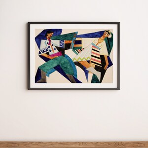 Puede incluir: Una pintura abstracta enmarcada de dos figuras con ropa colorida bailando. Las figuras est&aacute;n representadas en un estilo geom&eacute;trico estilizado con l&iacute;neas y formas audaces. El fondo es beige claro.