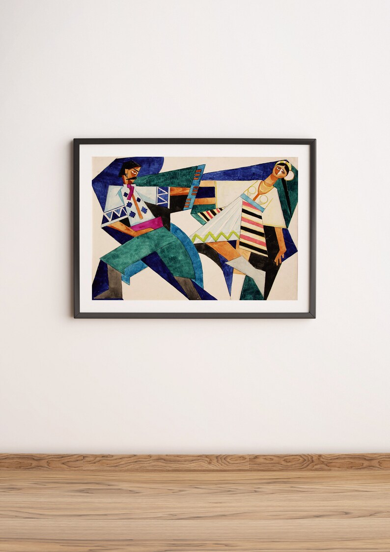 Puede incluir: Una pintura abstracta enmarcada de dos figuras con ropa colorida bailando. Las figuras est&aacute;n representadas en un estilo geom&eacute;trico estilizado con l&iacute;neas y formas audaces. El fondo es beige claro.