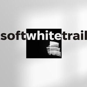 May include: Black and white logo with the text "softwhitetrail" in bold white letters. A white brushstroke design is in the black square.