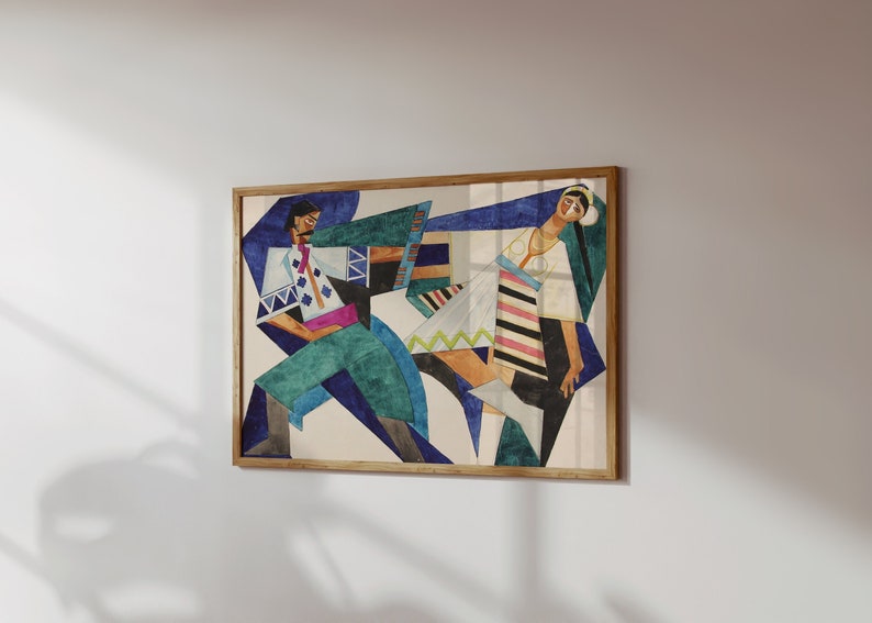 Puede incluir: Una pintura abstracta enmarcada de dos personas bailando. La pintura est&aacute; realizada en estilo cubista con colores vivos y formas geom&eacute;tricas. Las personas llevan ropa tradicional y est&aacute;n en una pose din&aacute;mica.