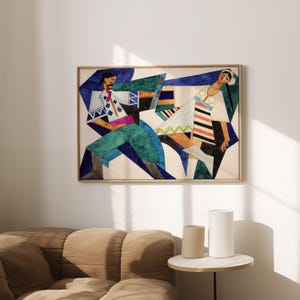 Puede incluir: Una pintura abstracta enmarcada que representa a un hombre y una mujer con ropa tradicional bailando. La pintura est&aacute; realizada en un estilo colorido con formas geom&eacute;tricas y l&iacute;neas atrevidas.