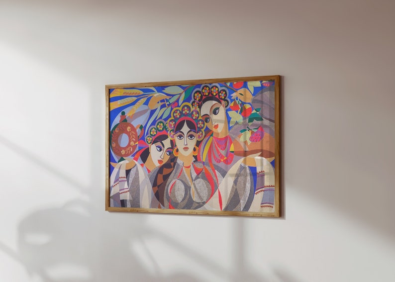May include: A framed print of a colourful abstract painting featuring three women with floral headbands and intricate patterns. The background is a vibrant blue with yellow and green accents.