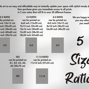 May include: Printable art size ratios chart with five different size ratios: 2:3, 3:4, 4:5, 11:14, and ISO. The chart shows the dimensions in inches and centimetres for each ratio. The text "5 Size Ratios" is written in a large, stylized font.