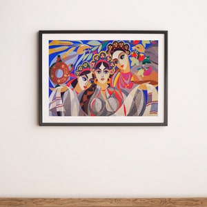 May include: A framed painting depicting three women wearing colourful headbands and traditional clothing. The women are portrayed in a stylised, geometric style against a blue background with floral accents.