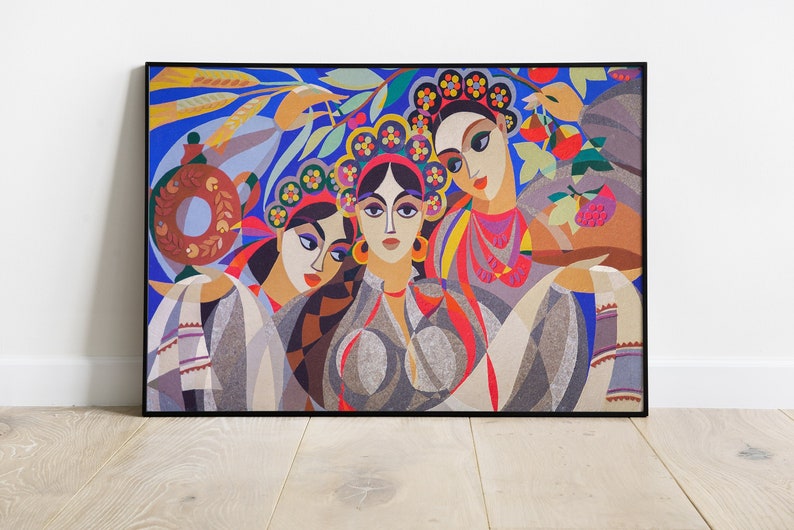 May include: A framed painting depicting three women wearing colourful headbands and traditional clothing. The women are holding a jug and a plate of fruit. The background is a blue and green landscape with wheat stalks.