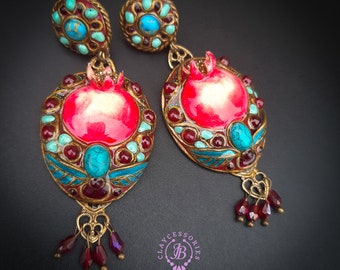 Pomegranate statement earrings  in Art Nouveau style