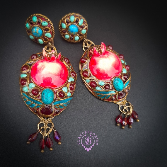 Pomegranate statement earrings  in Art Nouveau style