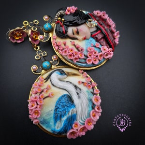 Crane Sakura Geisha Japanese mismatching statement earrings image 3