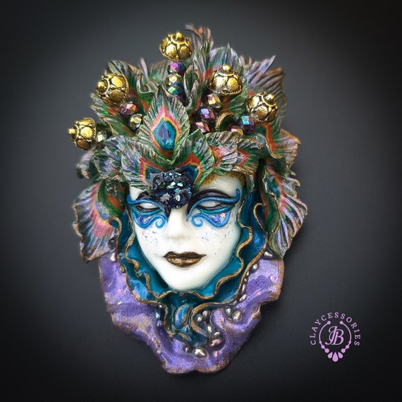 Peacock Venetian mask brooch