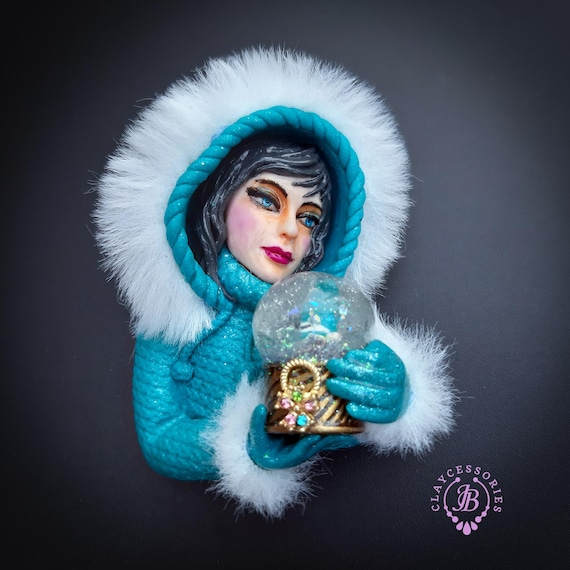 RESERVED for Gianna!   Winter brooch Girl with snow globe
