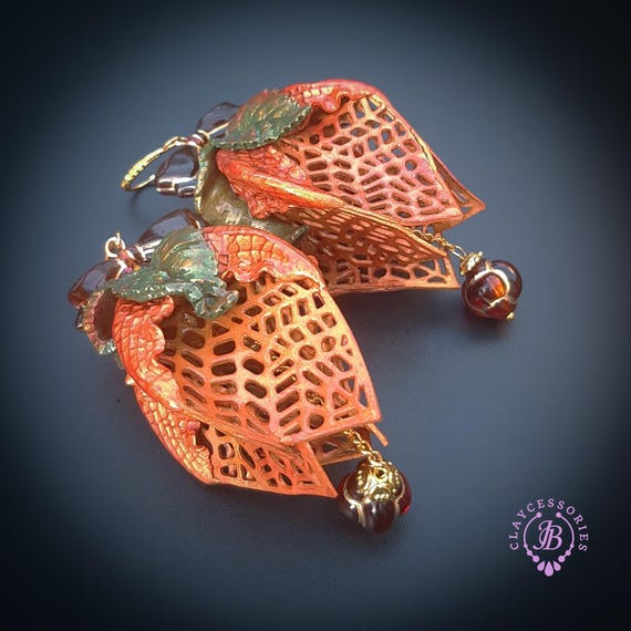 Physalis Autumn statement leaf earrings