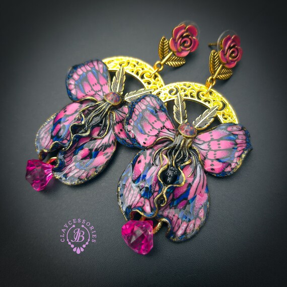Pink Luna Moth earrings in Art Nouveau style