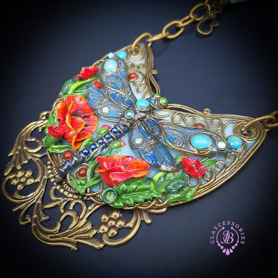 Dragonfly on Poppies necklace in Art Nouveau style