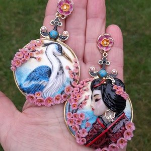 Crane Sakura Geisha Japanese mismatching statement earrings image 10