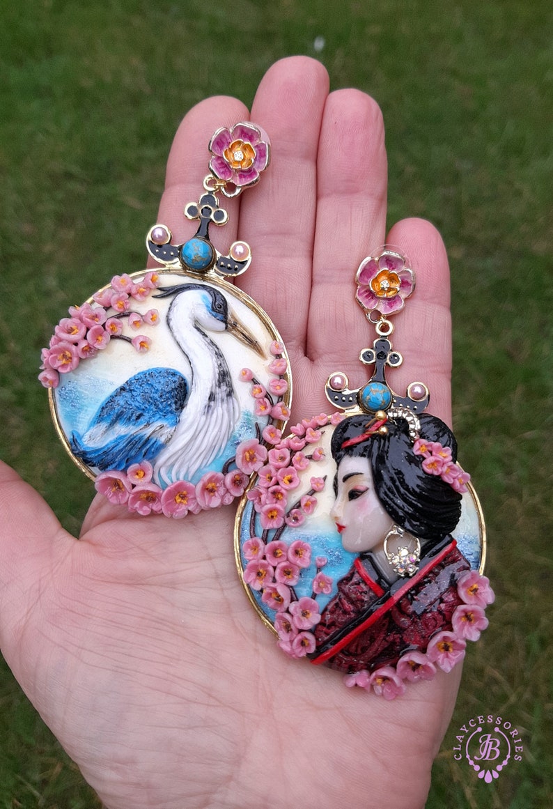 Crane Sakura Geisha Japanese mismatching statement earrings image 10