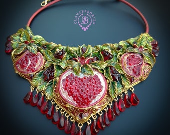 Pomegranate Persephone statement necklace in Art Nouveau style