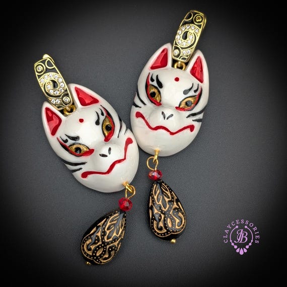Japanese Kitsune Mask Statement Earrings