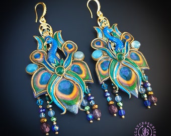 Peacock statement earrings in Art Nouveau style