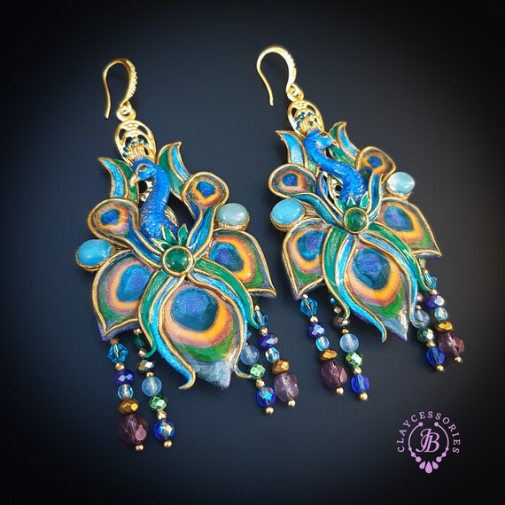 Peacock statement earrings in Art Nouveau style