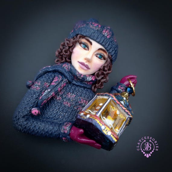 Winter brooch Girl with lantern