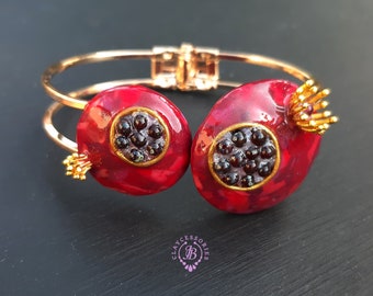 Pomegranate Garnet bracelet, Folding statement bracelet, Pomegranate jewellery