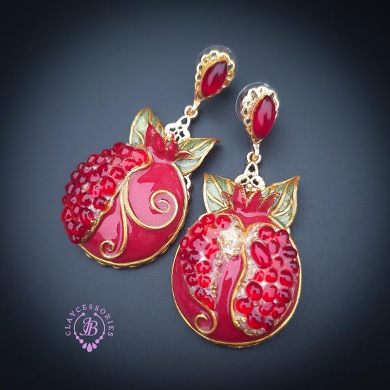 Pomegranate dangle earrings in Art Nouveau style